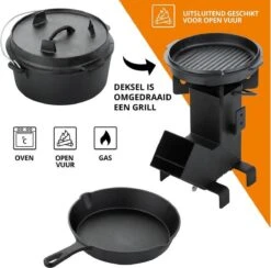 Dutch Mountains Gietijzeren Pannenset 7-delig - Dutch Oven – Braadpan - Grillpan - Hapjespan - Kookset In Houten Transportkist - Deksellifter - Brander -Keuken Grill Promotie 1200x1185 2