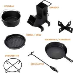 Dutch Mountains Gietijzeren Pannenset 7-delig - Dutch Oven – Braadpan - Grillpan - Hapjespan - Kookset In Houten Transportkist - Deksellifter - Brander -Keuken Grill Promotie 1200x1197 3