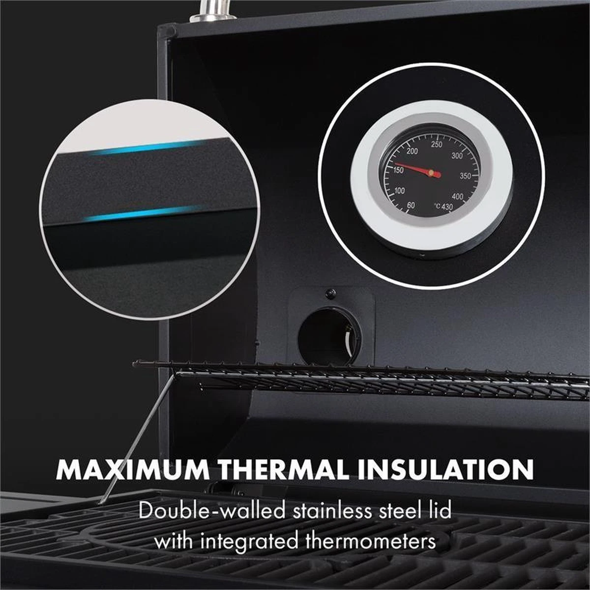 Klarstein Kingsville Double Barbecue - Houtskool- En Gasbarbecue - Smoker BBQ - Inclusief Deksels En Thermometer - Met 2 Roosters - Zwart 7 Klarstein Kingsville Double Barbecue - Houtskool- En Gasbarbecue - Smoker BBQ - Inclusief Deksels En Thermometer - Met 2 Roosters - Zwart - Afbeelding 7