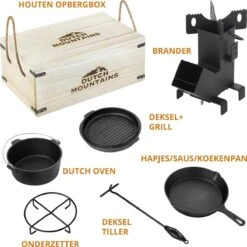 Dutch Mountains Gietijzeren Pannenset 7-delig - Dutch Oven – Braadpan - Grillpan - Hapjespan - Kookset In Houten Transportkist - Deksellifter - Brander -Keuken Grill Promotie 1200x1200 362