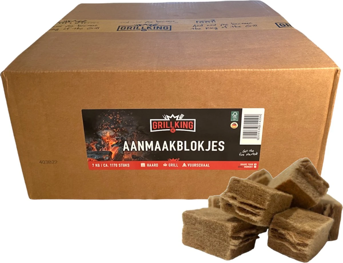 GrillKing Bruine Aanmaakblokjes Premium - Ca. 1170 Stuks 7kg FSC® - Voordeeldoos - Geurvrij - Lange Brandduur - BBQ & Haard 1 GrillKing Bruine Aanmaakblokjes Premium - Ca. 1170 Stuks 7kg FSC® - Voordeeldoos - Geurvrij - Lange Brandduur - BBQ & Haard